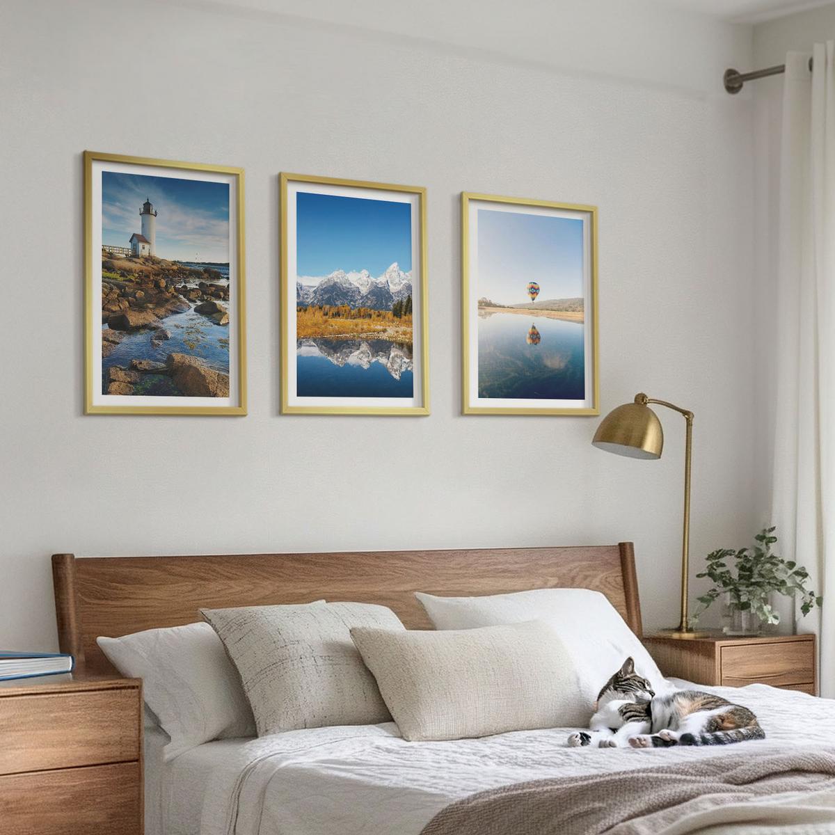 BILDER SET 3er Set - 40x60 cm Goldrahmen - Naturansichten, Leuchtturm, Berge, Ballonfahrt - Goldfarben, Kunststoff (40/60cm) - TULUP