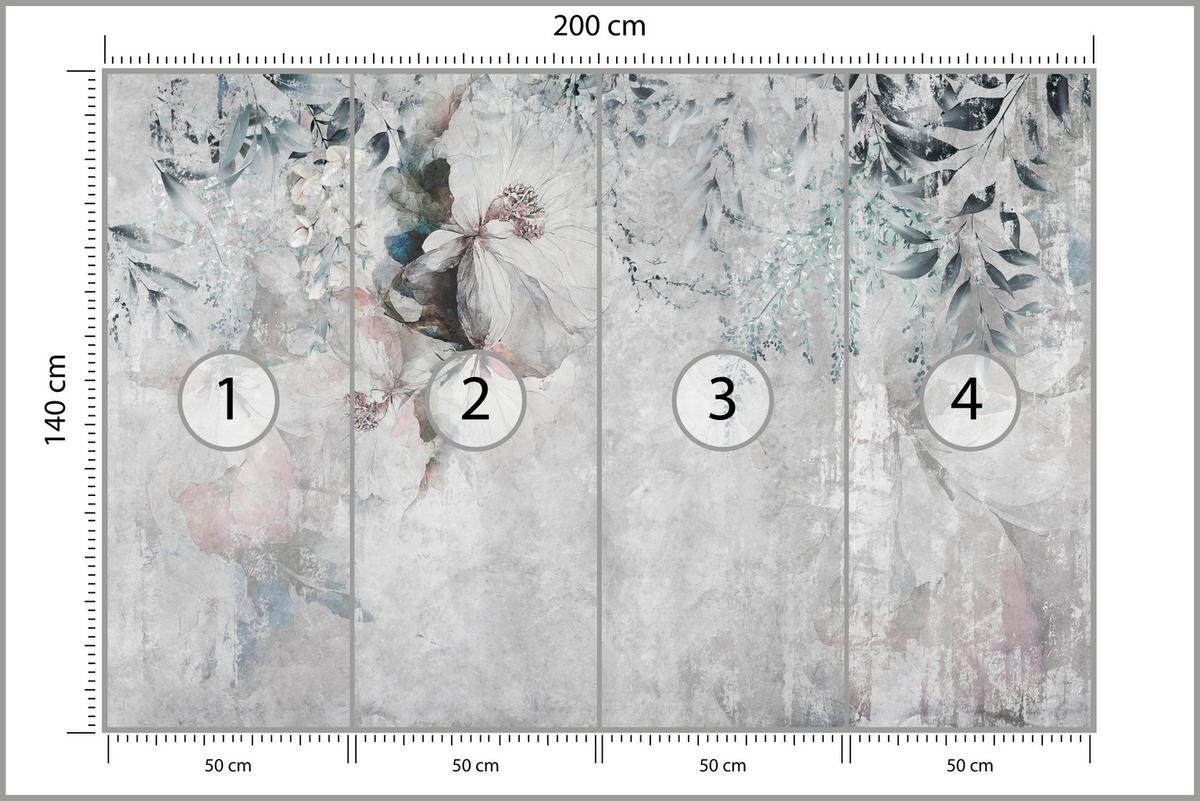 FOTOTAPETE für Schlafzimmer Zarte Blätter Beton Blumen Natur 200x140 - Schwarz/Rosa, Papier (200/140cm) - Muralo
