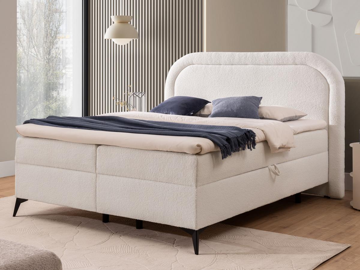 BOXBETT Sonna 180/200 cm Weiß Bouclé-Stoff mit abgerundetem Kopfteil und mit schwarzen Metallfüßen - Schwarz/Weiß, Holz/Textil (180/200cm) - S-Style Möbel