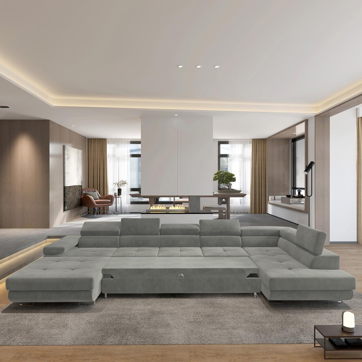 WOHNLANDSCHAFT TORIVA R-S Hellgrau Velours-Stoff mit Schlaffunktion - Hellgrau, Holz (418/90/202cm) - MASSENO