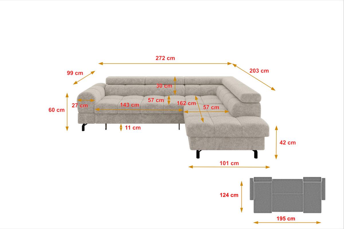 ECKSOFA mit Schlaffunktion Ottomane Rechts LUMA-L 272x203x70 Beige Velours - Beige/Schwarz, Holzwerkstoff/Kunststoff (203/272cm) - ALTDECOR
