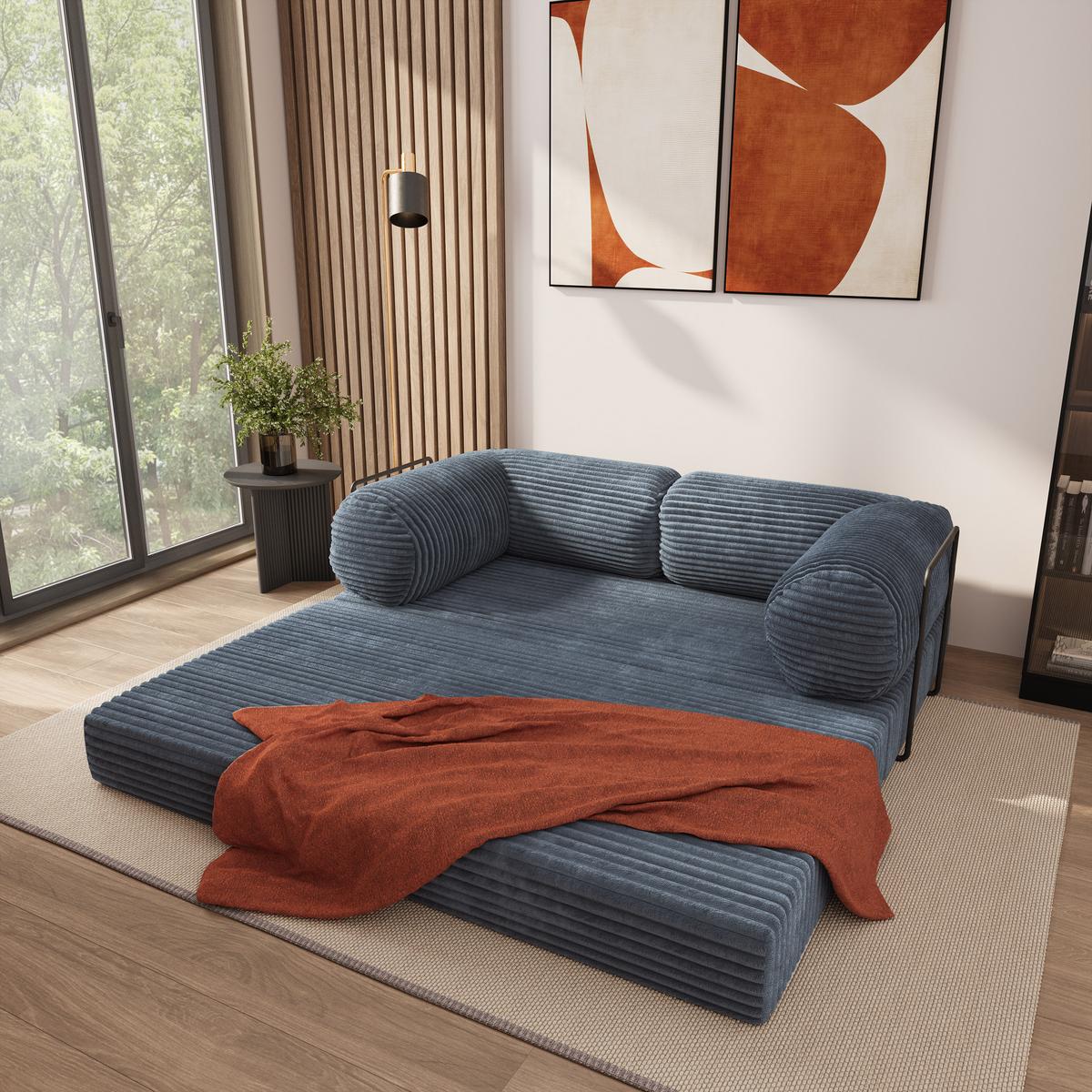 BETTSOFA ALVIO aus Schaumstoff Kordstoff Grau Schlaffunktion - Blaugrau, Textil (170/68/80cm) - MASSENO