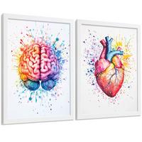 POSTER Set aus 2 Anatomie Drucke und Wandbilder mit Gehirn und Herz Künstlerische Mehrfarbig Aquarell Illustration Größe Weißer Rahmen A3 - Weiß, Papier (29.7/42/3cm) - Nacnic