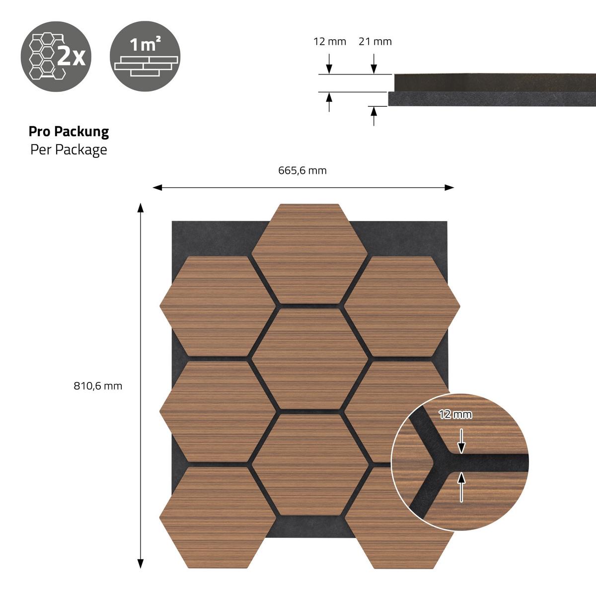 AKUSTIKPANEEL 2er Set Schallschutzplatten Hexagon Teak Holzoptik 66x81x2 cm aus Filz - Dunkelbraun, Holzwerkstoff (2.1/81.1/66.6cm) - ML-DESIGN