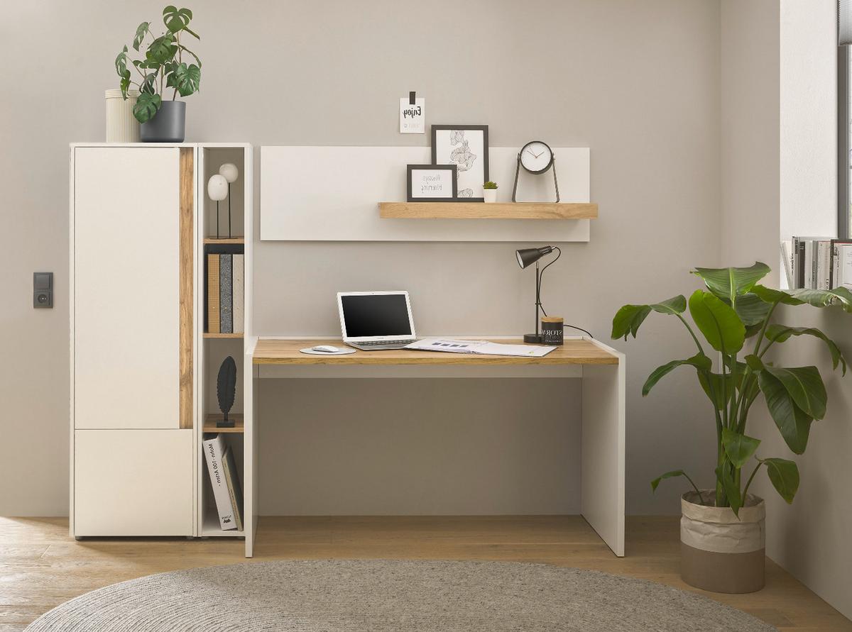 SCHREIBTISCH weiß matt, Eiche Wotan 143 x 62 cm, Laptoptisch mit großer Arbeitsfläche - Eiche Wotan/Silberfarben, Holzwerkstoff/Kunststoff (143/62/76cm) - Furn.Design