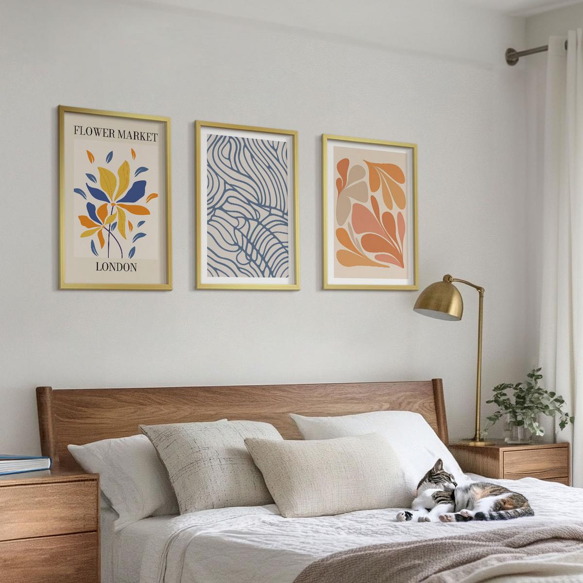BILDER SET 3er Set - 40x60 cm Goldrahmen - Moderne abstrakte Blumen - Goldfarben, Kunststoff (40/60cm) - TULUP