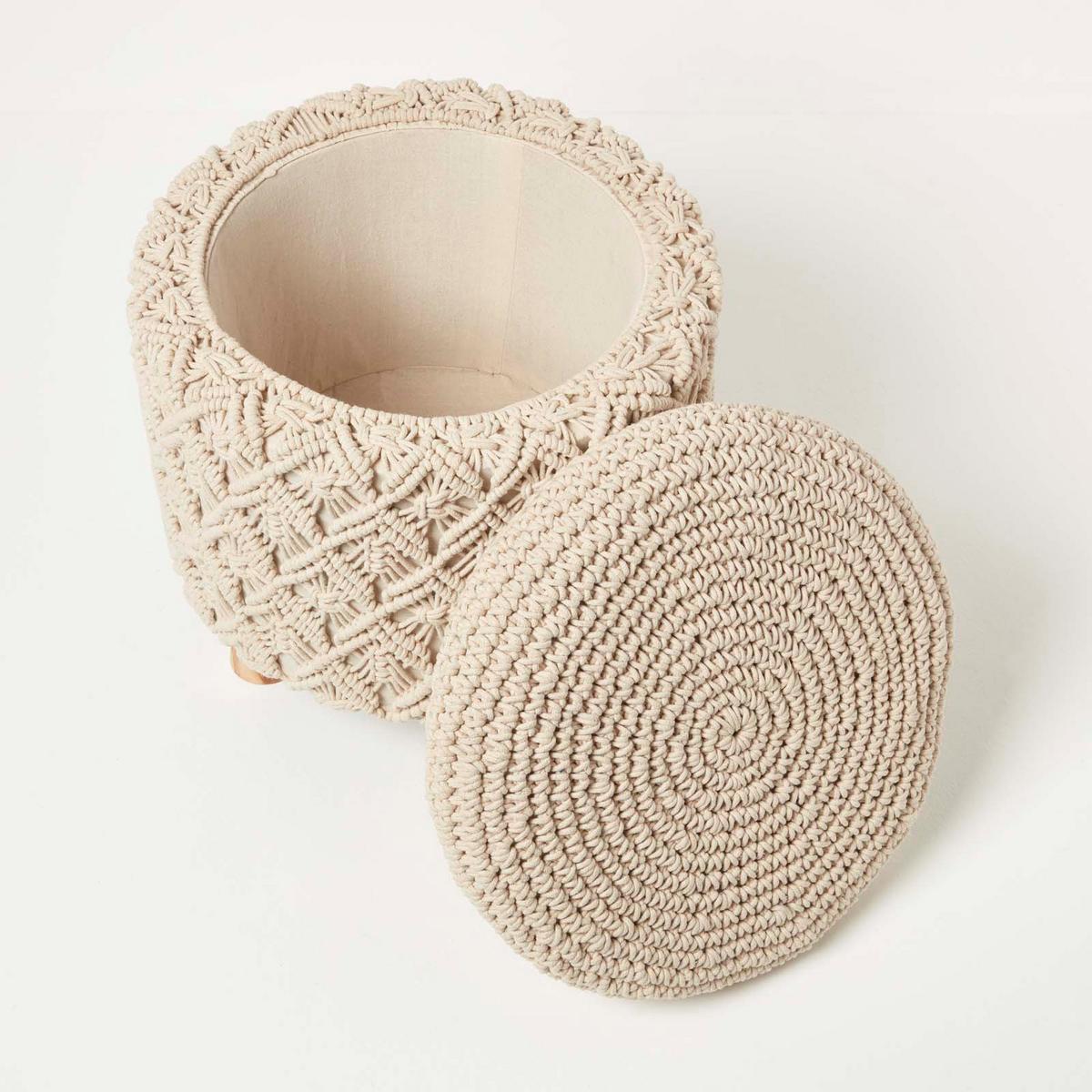 MAKRAMEE-HOCKER mit Stauraum Indy natur, 41/41/43 cm - Naturfarben, Textil (41/43/41cm) - Homescapes