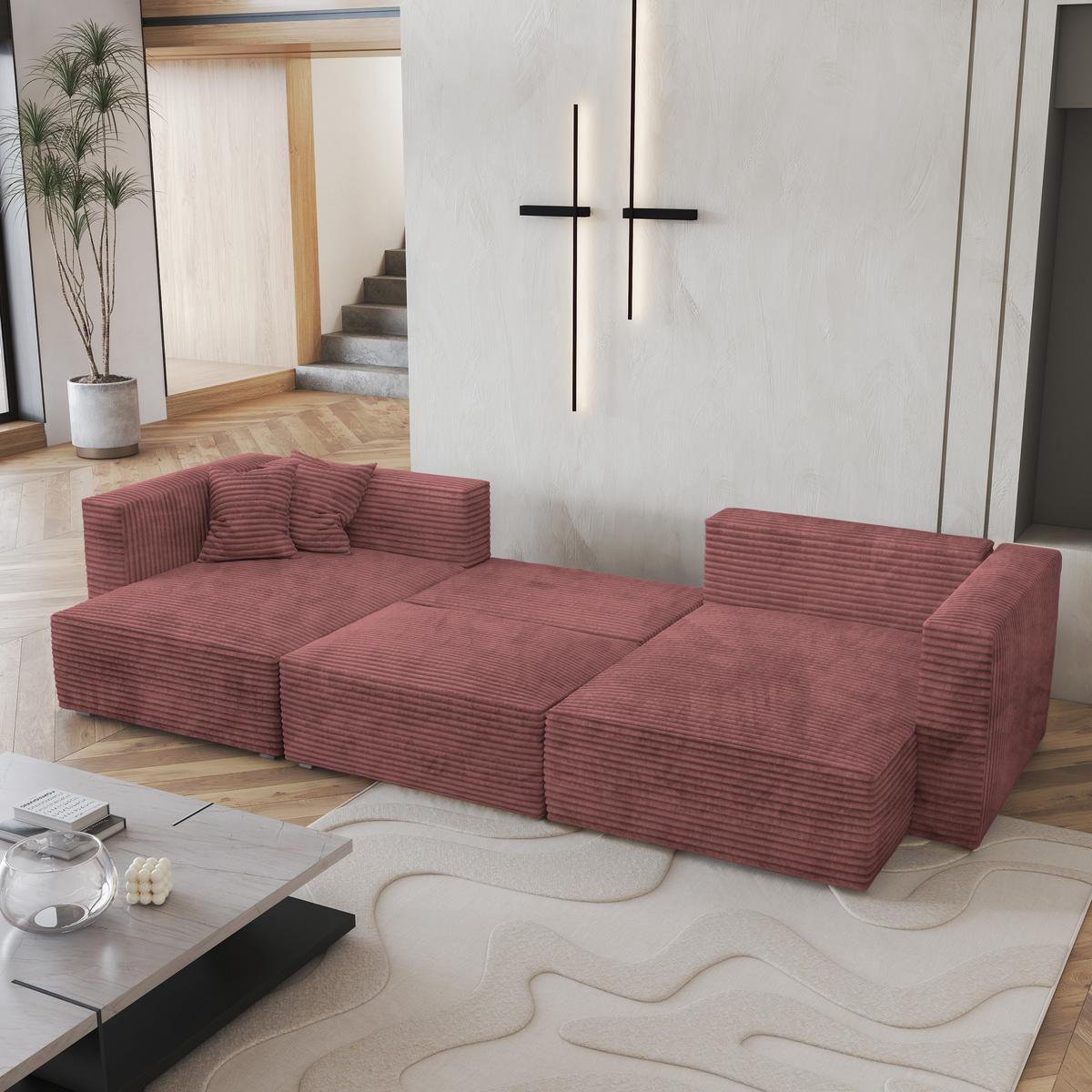 WOHNLANDSCHAFT SARMO Rosa Kordstoff mit Schlaffunktion - Rosa/Grau, Holz/Kunststoff (347/90/148cm) - MASSENO