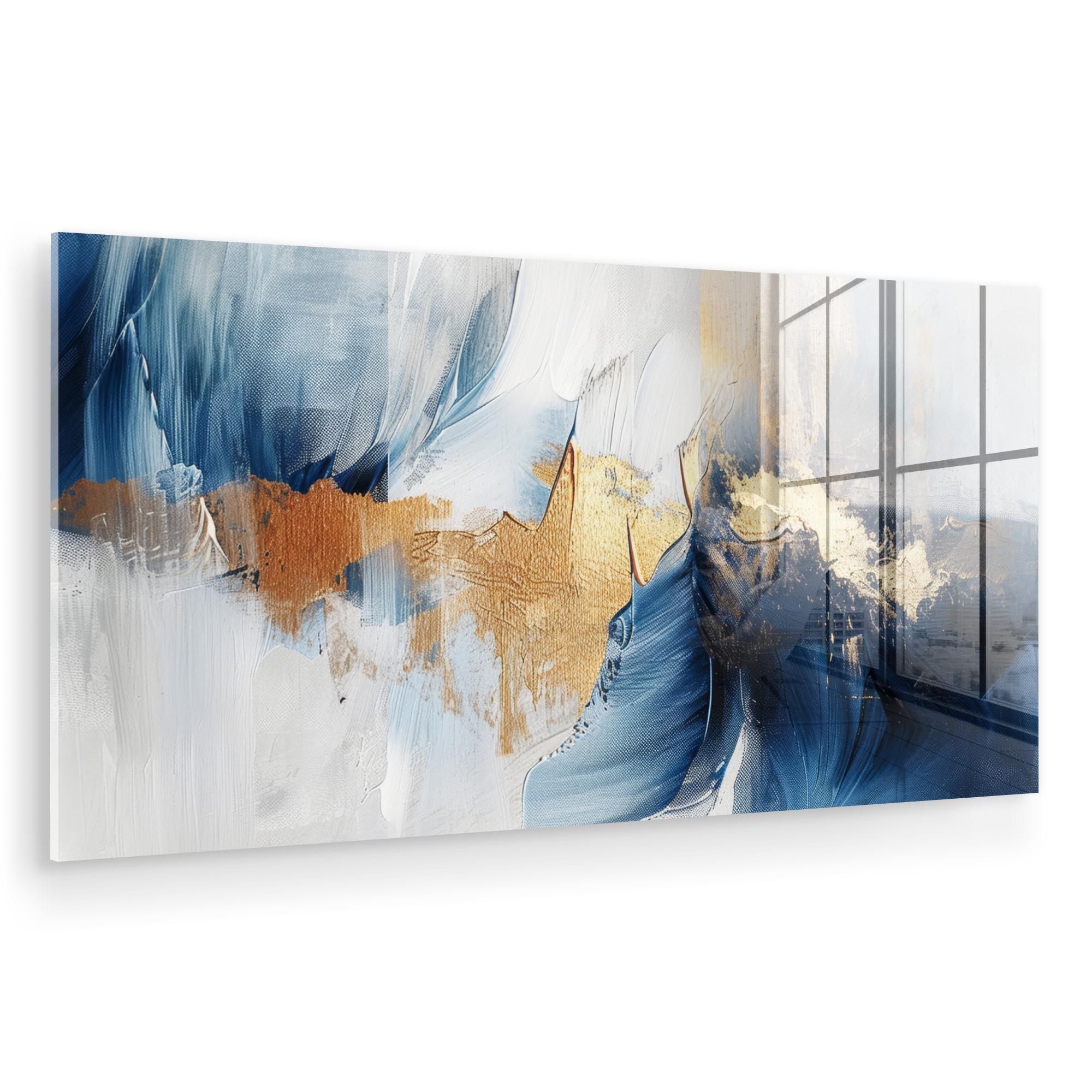 ACRYLGLASBILD Gold - Blau - Aquarell - Kunst - Modern 120x60 cm - Hellblau, Glas (120/60cm) - MuchoWow