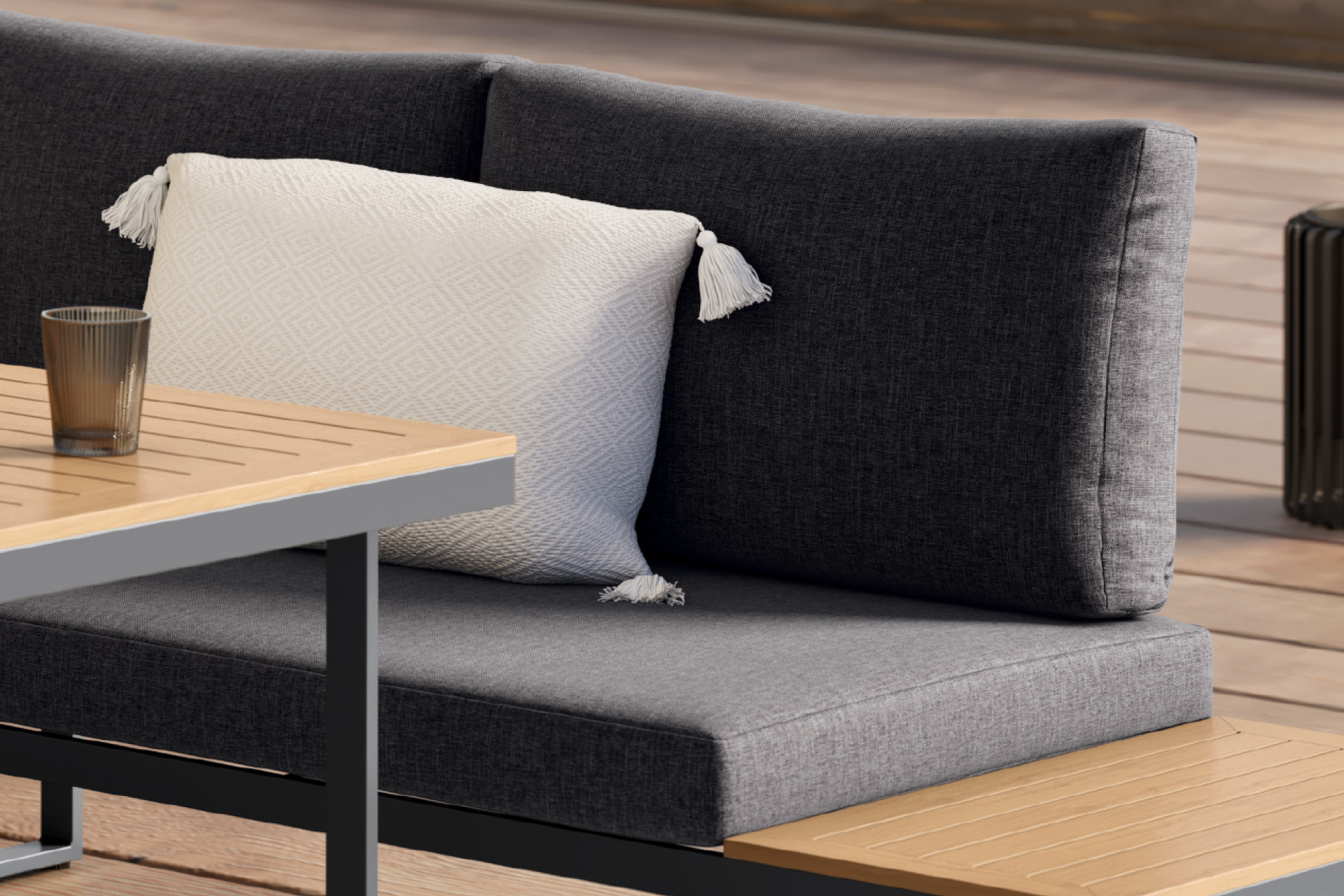 Loungegarnitur dunkelgrau naturfarbe Kissen abnehmbar und waschbar Textil imprägniert Webstoff Olefinfaser Sitzbänke mit Ablagefläche 