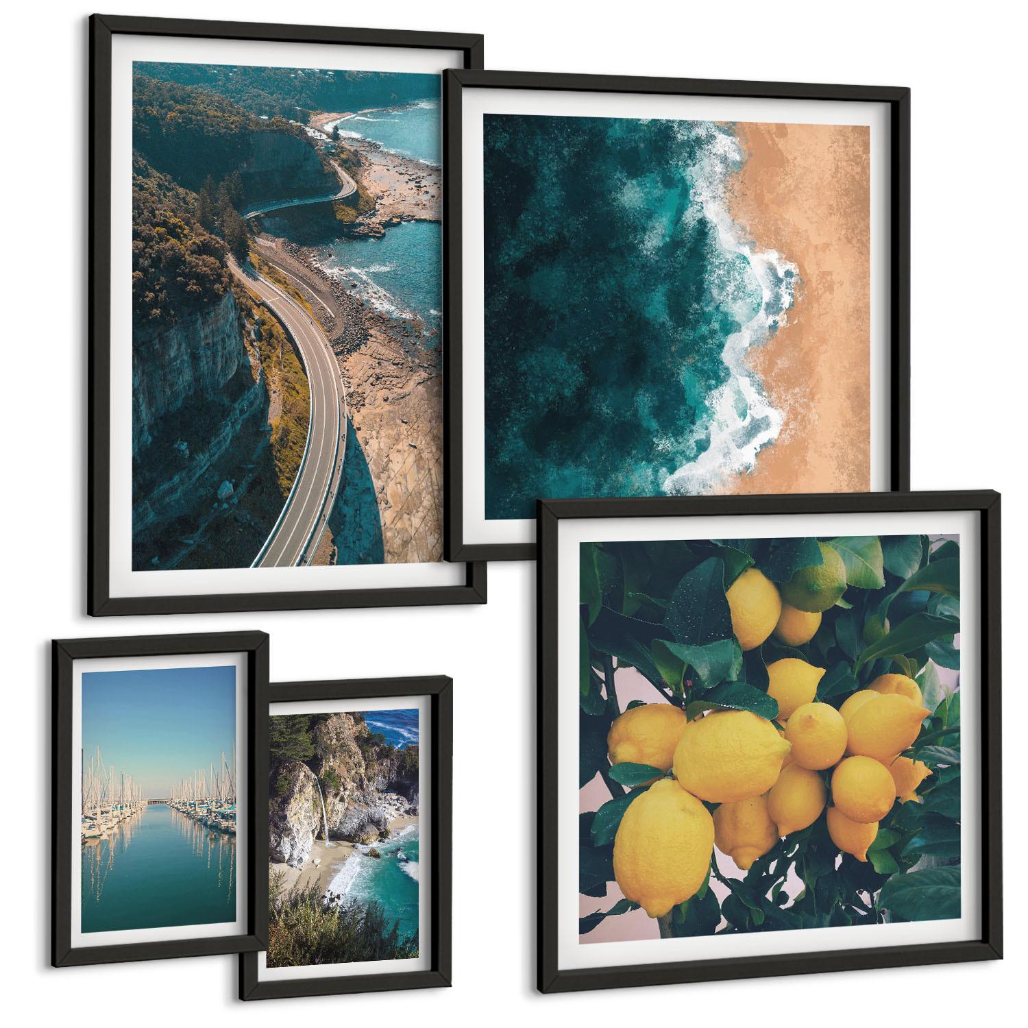 BILDER SET 5er Set - 50x50 cm & 20x30 cm & 40x60 cm Schwarzer Rahmen - Straßen am Meer, ein Meer aus Zitronen - Schwarz, Kunststoff (40/60cm) - TULUP