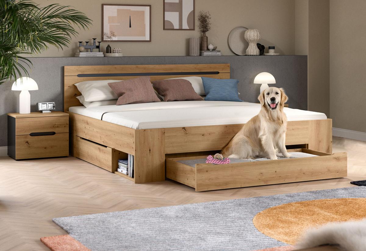 SCHLAFZIMMER Eiche Artisan, grau 3-teilig, Komplettset mit Bett 180 x 200 cm - Eiche Artisan/Grau, Holzwerkstoff/Metall - Inn.Furn