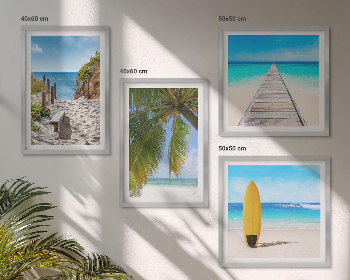 BILDER SET 4er Set - 50x50 cm & 40x60 cm Silberner Rahmen - Urlaubsblick Strand Palmen - Silberfarben, Kunststoff (50/50cm) - TULUP
