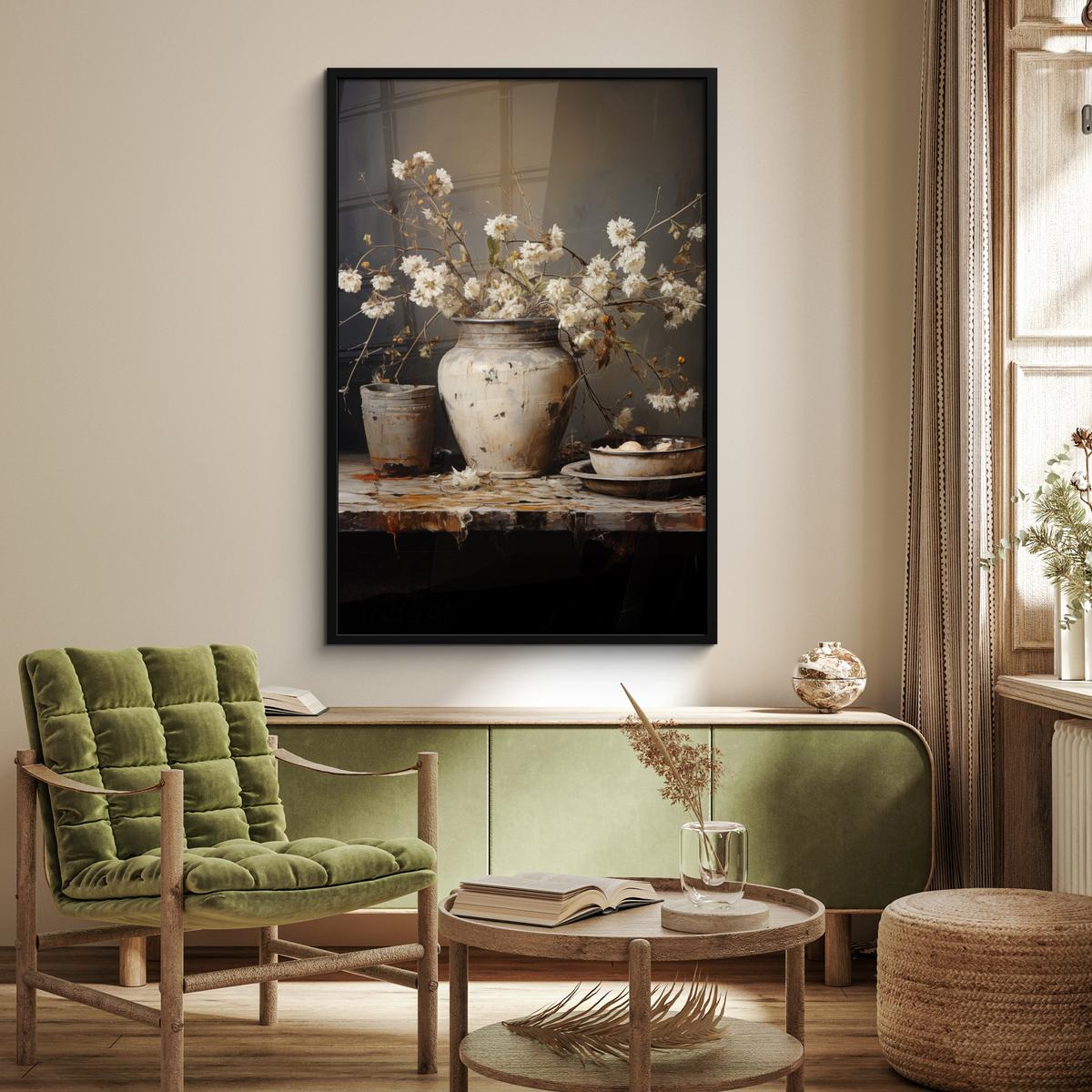 POSTER MIT RAHMEN Stilleben - Blumen - Blumenstrauß - Vase - Wein Bilderleiste 80x120 cm - Schwarz, Papier (80/120cm) - MuchoWow
