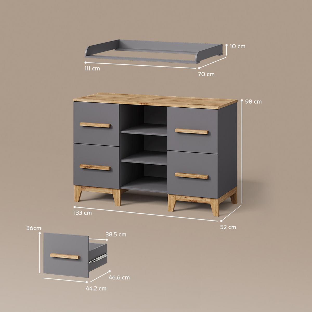 WICKELKOMMODE Mailo Grau/Artisan XL mit 4 Schubladen - Eiche Artisan/Grau, Holzwerkstoff (133/108/70cm) - Livinity®