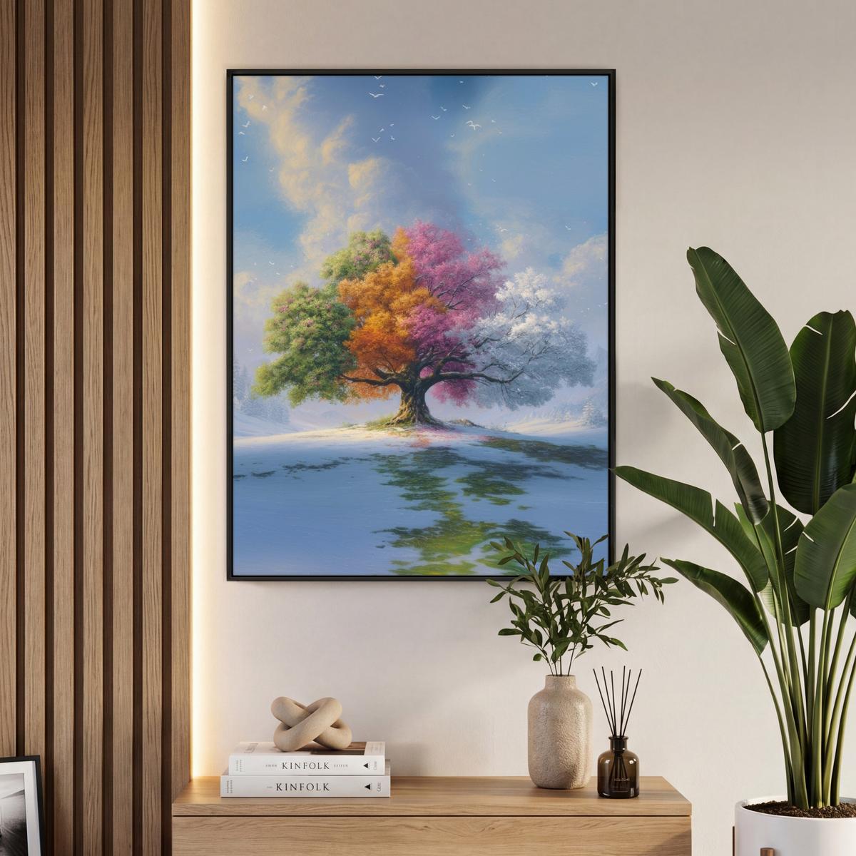 LEINWAND Bilder mit Rahmen - Baum - Jahreszeiten - Winter - Landschaft - 70x100 - Multicolor, Textil (70/100cm) - MuchoWow