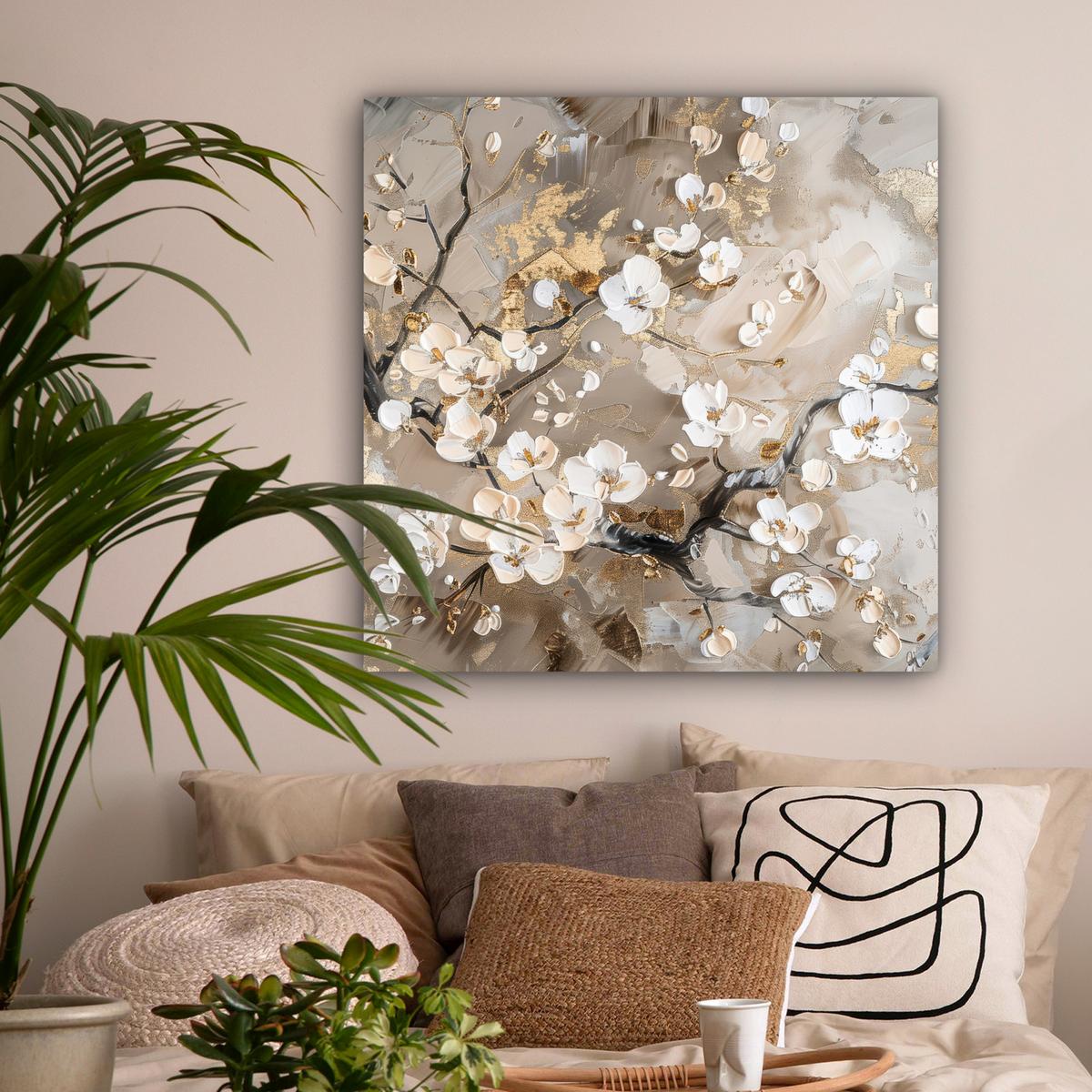 LEINWANDBILD Blumen - Weiß - Gold - Beige - Luxus Deko Groß 90x90 cm - Greige, Textil (90/90cm) - MuchoWow