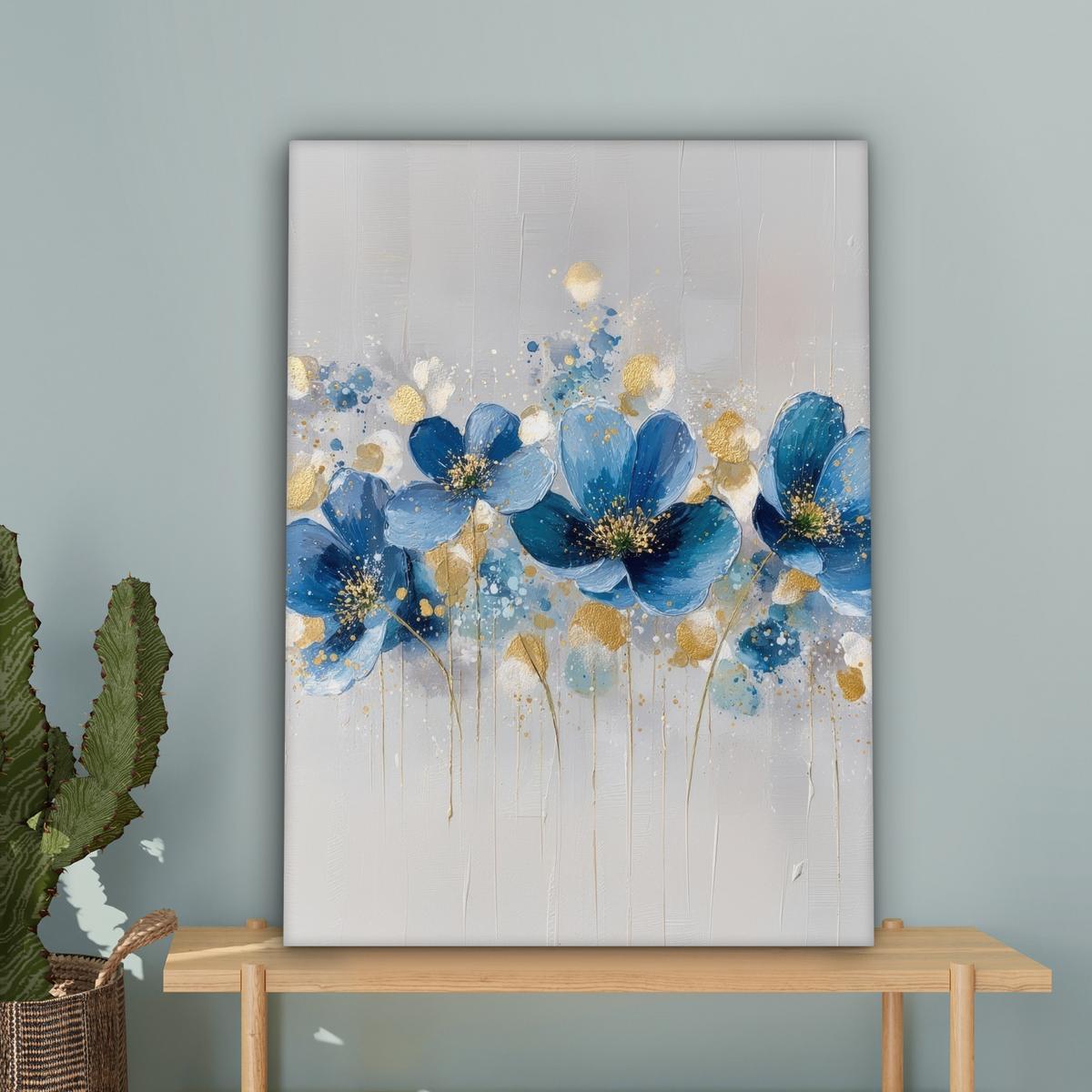 LEINWANDBILD Blumen - Blau - Abstrakt Wandbild Wohnzimmer 60x80 cm - Hellgrau, Textil (60/80cm) - MuchoWow