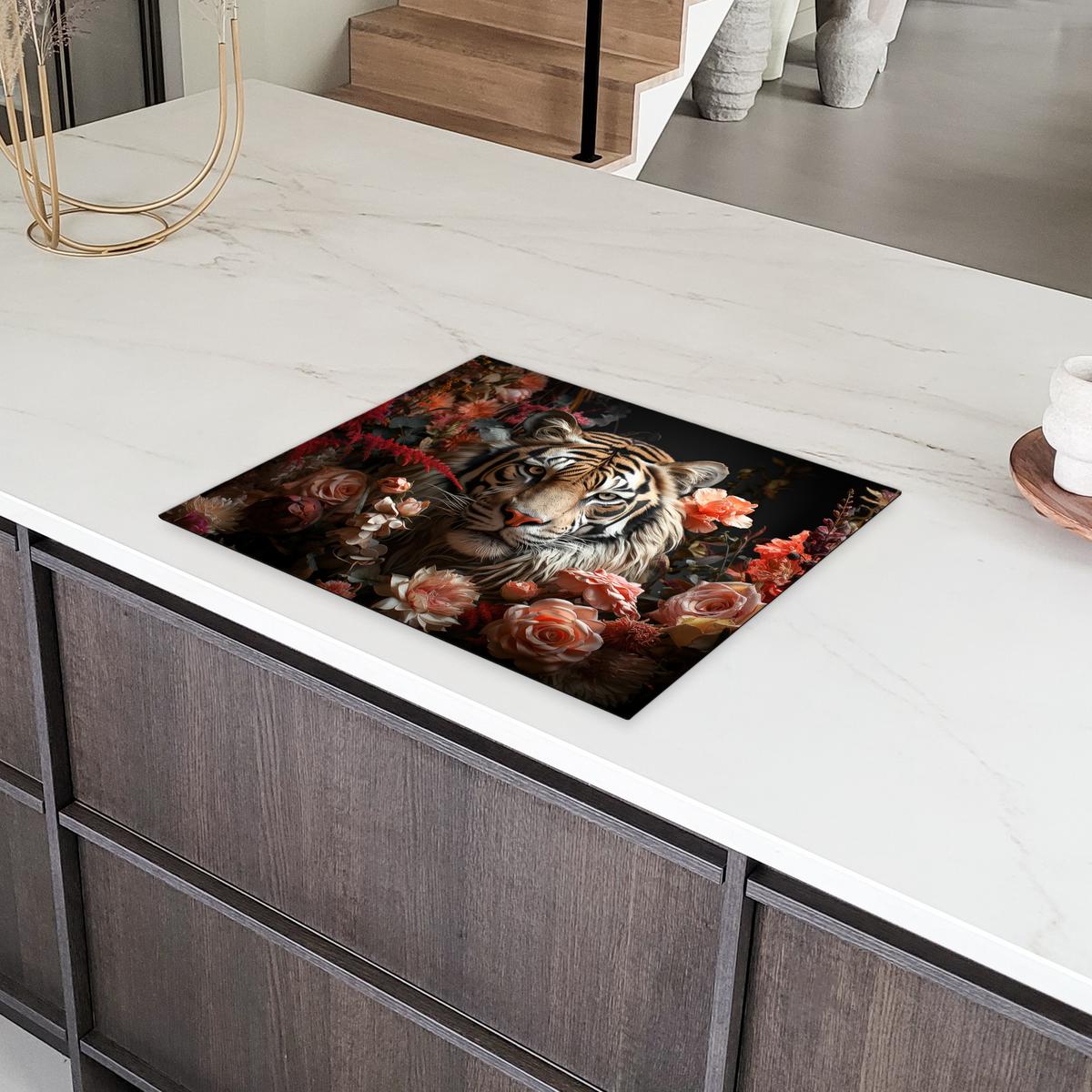 HERDABDECKPLATTE Tiger - Tier - Natur - Floral - Botanisch Herdabdeckung Induktionsfeld 65x52 cm - Orange, Kunststoff (65/52/0.2cm) - MuchoWow