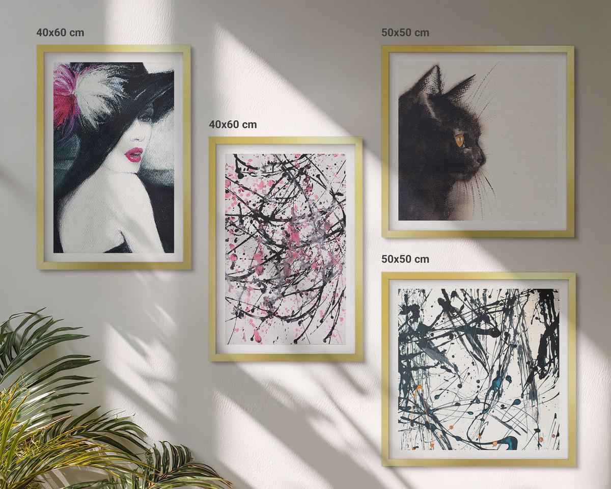 BILDER SET 4er Set - 50x50 cm & 40x60 cm Goldrahmen - Abstrakte Katzenmalereien - Goldfarben, Kunststoff (50/50cm) - TULUP
