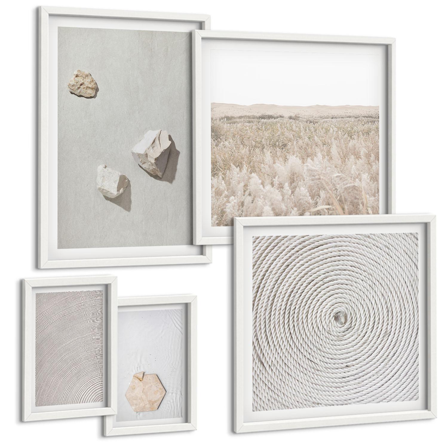 BILDER SET 5er Set - 50x50 cm & 20x30 cm & 40x60 cm Weißer Rahmen - Leichte Boho-Sandtexturen - Weiß, Kunststoff (40/60cm) - TULUP