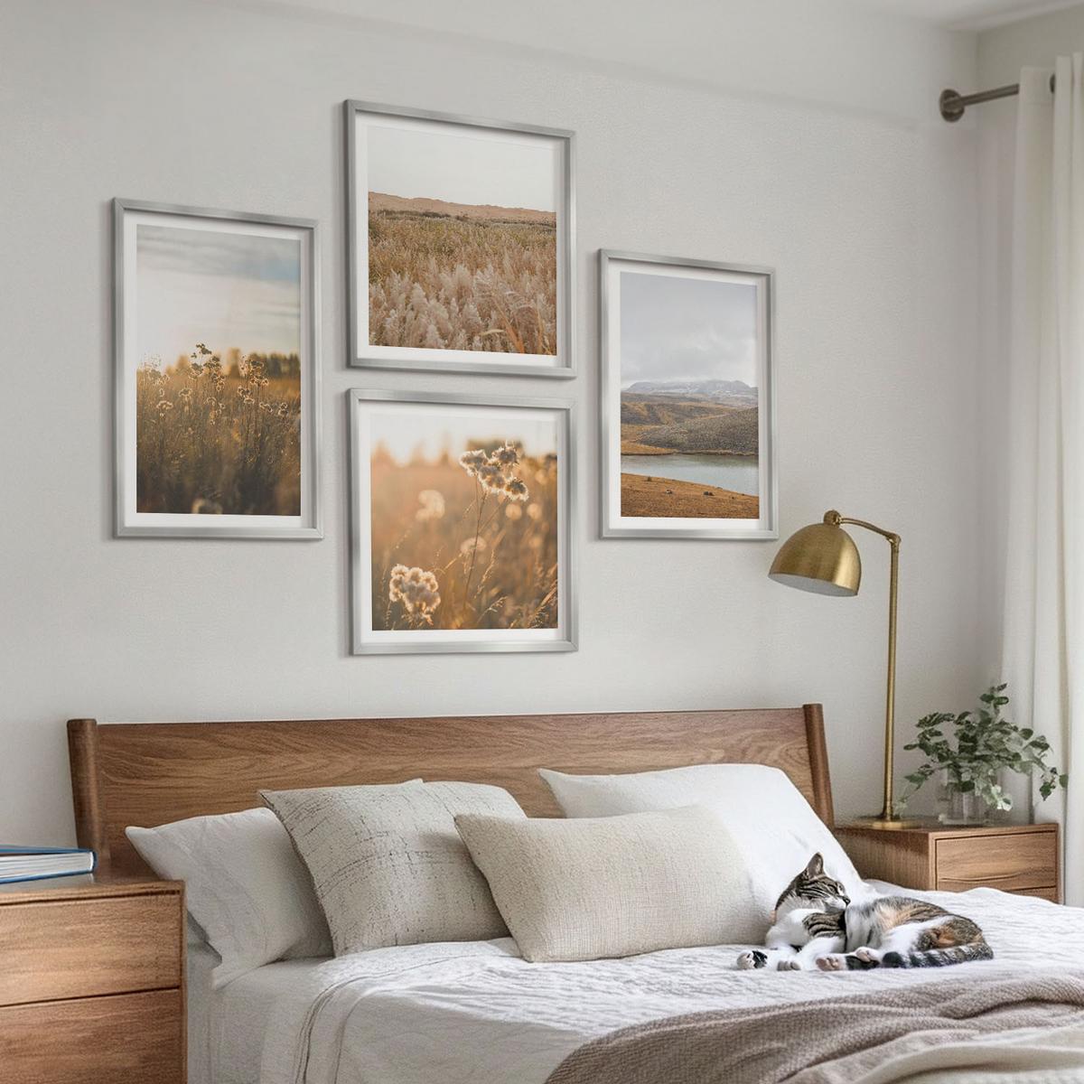 BILDER SET 4er Set - 50x50 cm & 40x60 cm Silberner Rahmen - Landschaften Wiesen Berge See - Silberfarben, Kunststoff (50/50cm) - TULUP