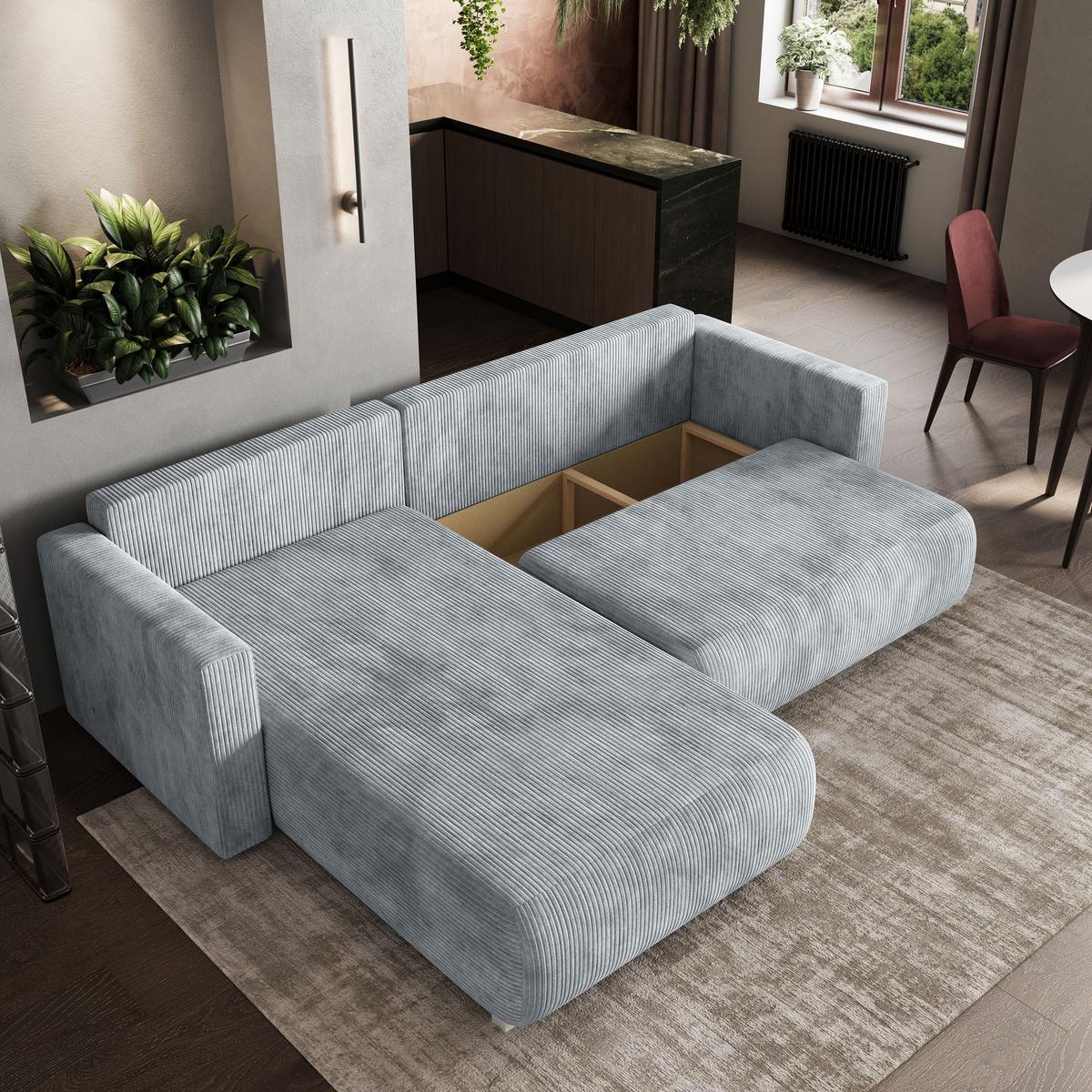 ECKSOFA TURIN P Creme Kordstoff mit Schlaffunktion - Creme/Grau, Holz/Kunststoff (265/183cm) - MASSENO