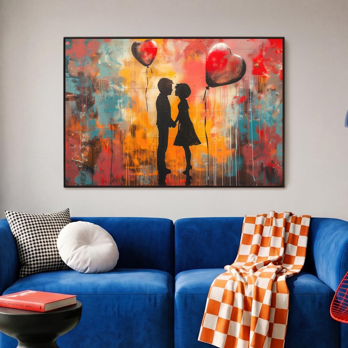 LEINWAND Bilder mit Rahmen - Straßenkunst - Liebe - Graffiti - Kunst - Banksy - 90x60 - Orange, Textil (90/60cm) - MuchoWow