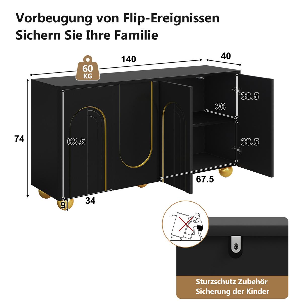 SIDEBOARD 140cm Schwarz mit Gold-Bogen-Dekor, 4 Türen & Kugel-Füßen - Schwarz, Holzwerkstoff (140/74/40cm) - Urban Meuble