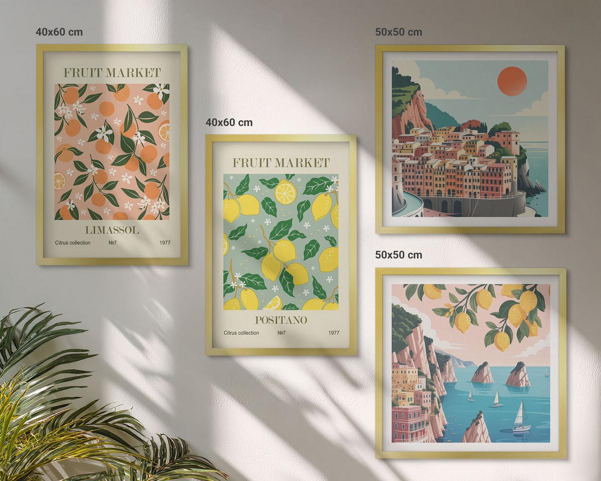 BILDER SET 4er Set - 50x50 cm & 40x60 cm Goldrahmen - Zitrusfrüchte der italienischen Tropen - Goldfarben, Kunststoff (50/50cm) - TULUP
