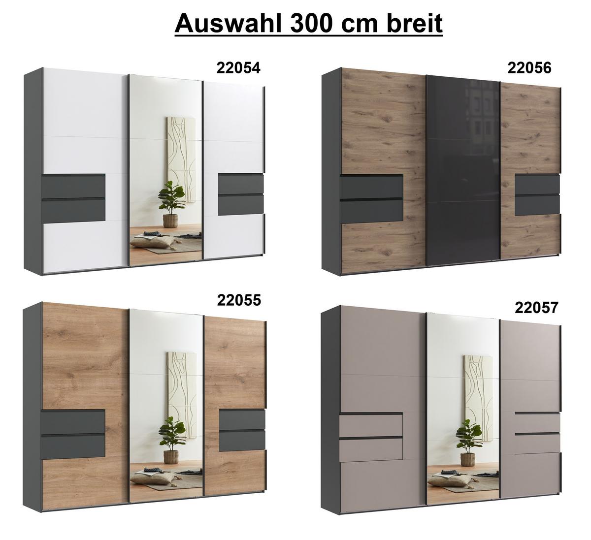 SCHWEBETÜRENSCHRANK 3-türig B300/H216/T65 cm, Korpus & Schubladen Grafit, Türen Eiche Dekor / Spiegel, Kleiderschrank inkl. Vollausstattung / 22055 - Eichefarben/Bordeaux, Holzwerkstoff/Metall (300/216/65cm) - luma-home