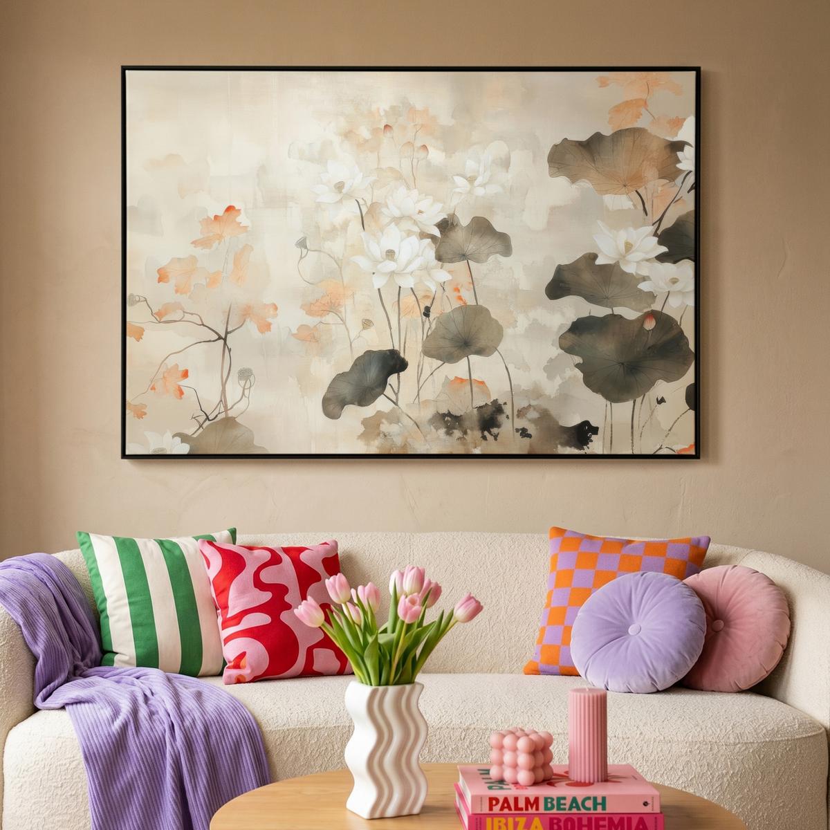 LEINWAND Bilder mit Rahmen - Blumen - Japandi - Wabi sabi - 120x80 - Sandfarben, Textil (120/80cm) - MuchoWow