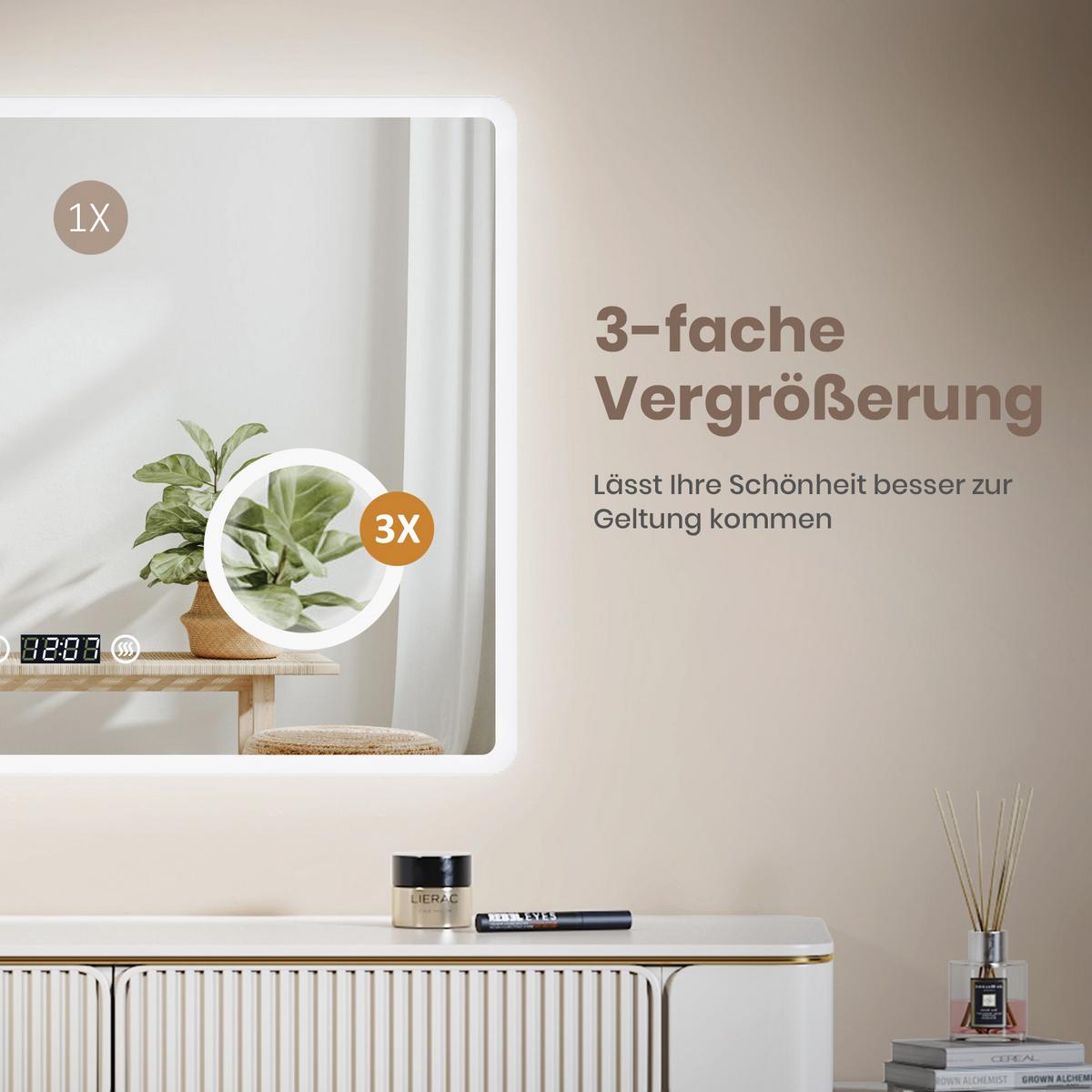 BADSPIEGEL mit Anti-Beschlag Beleuchtung mit Integriertem Schminkspiegel 80/60 cm - Transparent, Glas (80/60/3.5cm) - EMKE