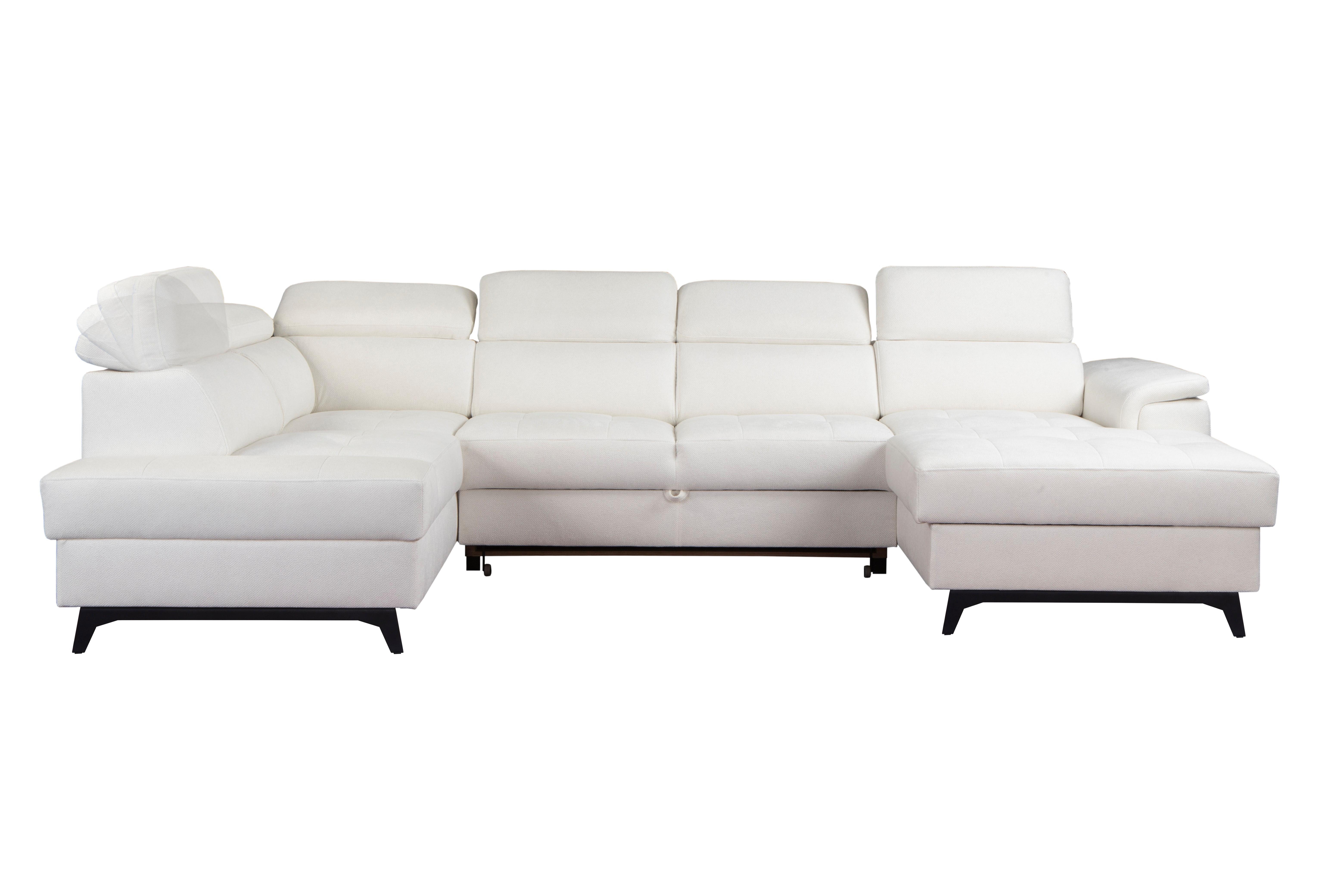 WOHNLANDSCHAFT VOLA Weiß Velours-Stoff mit Schlaffunktion - Weiß, Holz (348/105/199cm) - MASSENO