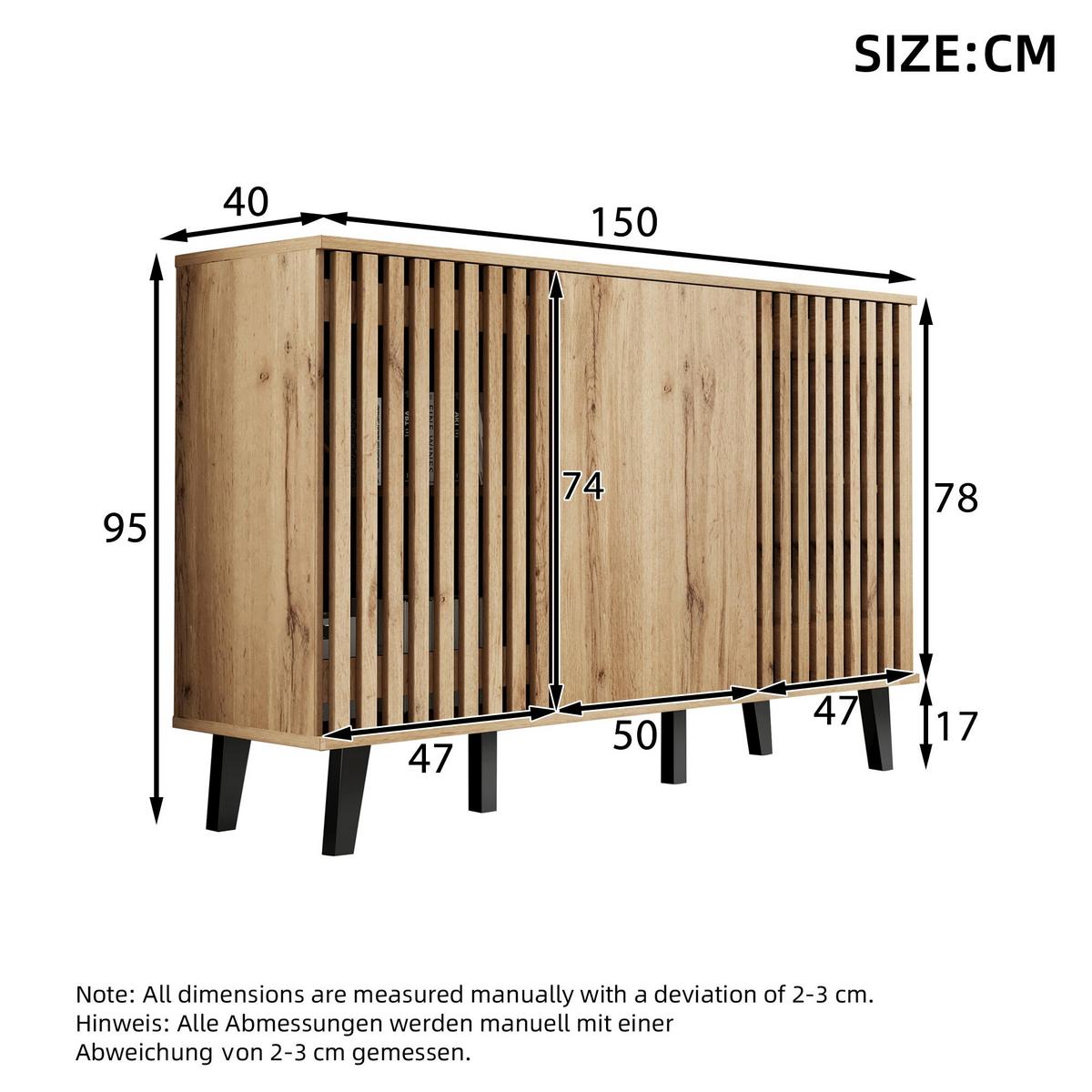 3-TÜRIGES Buffet mit Lamellendesign in Natürlicher Holzoptik,Beige - Naturfarben, Textil (40/95/150cm) - Urban Meuble