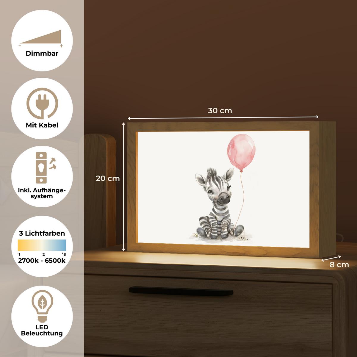 NACHTTISCHLAMPE Zebra - Baby - Tiere - Rosa Luftballon 30x20 cm - Weiß, Holzwerkstoff (8/30/20cm) - OnlyWow