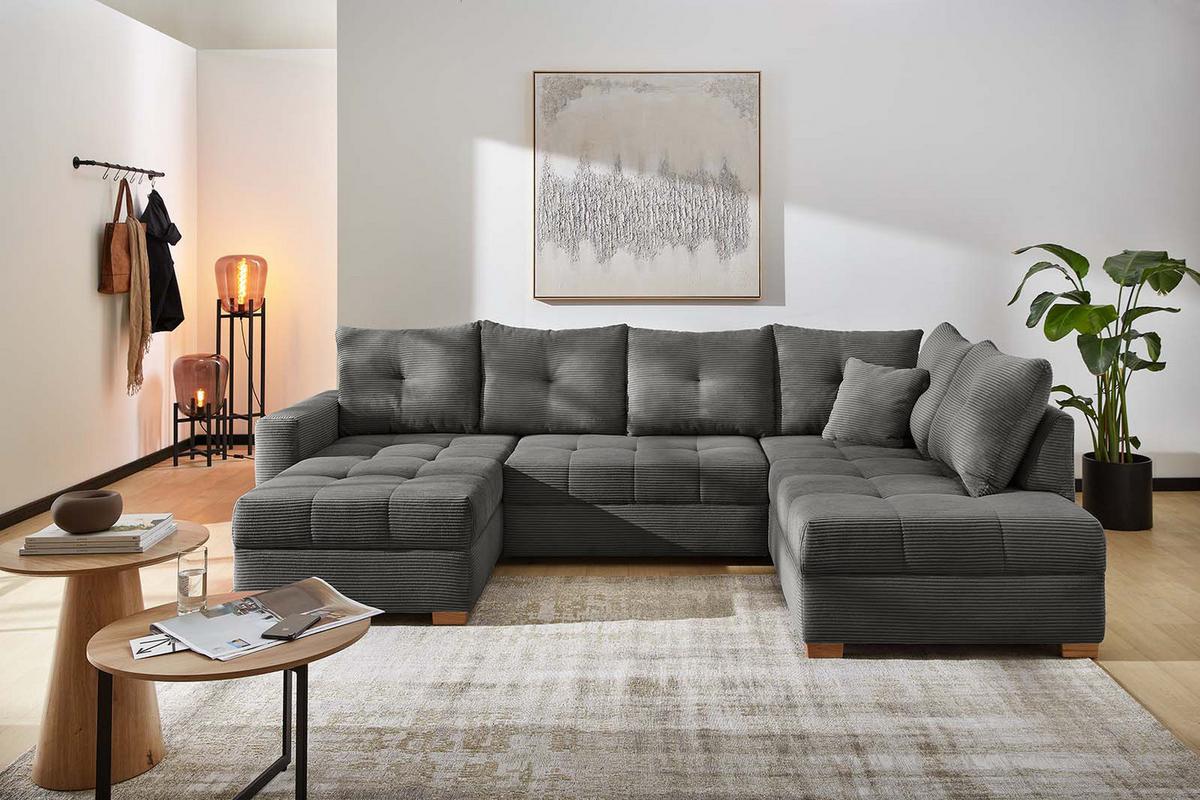 WOHNLANDSCHAFT mit Schlaffunktion und Bettkasten, spiegelverkehrt montierbar U-Form B313/T200/H92 cm, Cord Dunkelgrau / 15220 - Dunkelgrau/Eichefarben, Holz/Textil (313/92/200cm) - luma-home