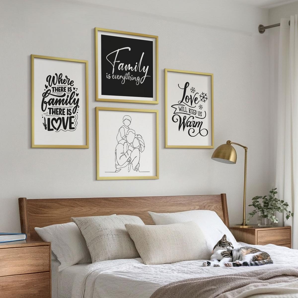 BILDER SET 4er Set - 50x50 cm & 40x60 cm Goldrahmen - Familie, Liebe, Wärme, Zuhause - Goldfarben, Kunststoff (50/50cm) - TULUP