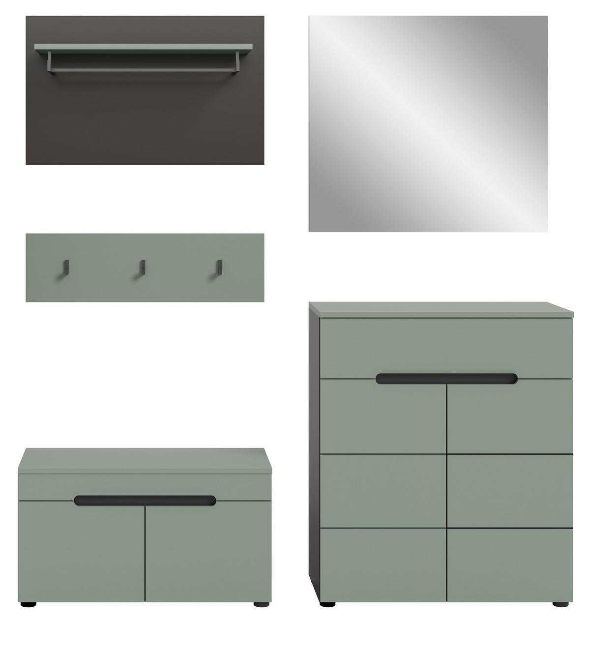 GARDEROBEN-SET Salbei grün, grau 175 cm, Flurmöbel mit Soft-Close - Salbeigrün/Schwarz, Glas/Holzwerkstoff (175/190/37cm) - Inn.Furn