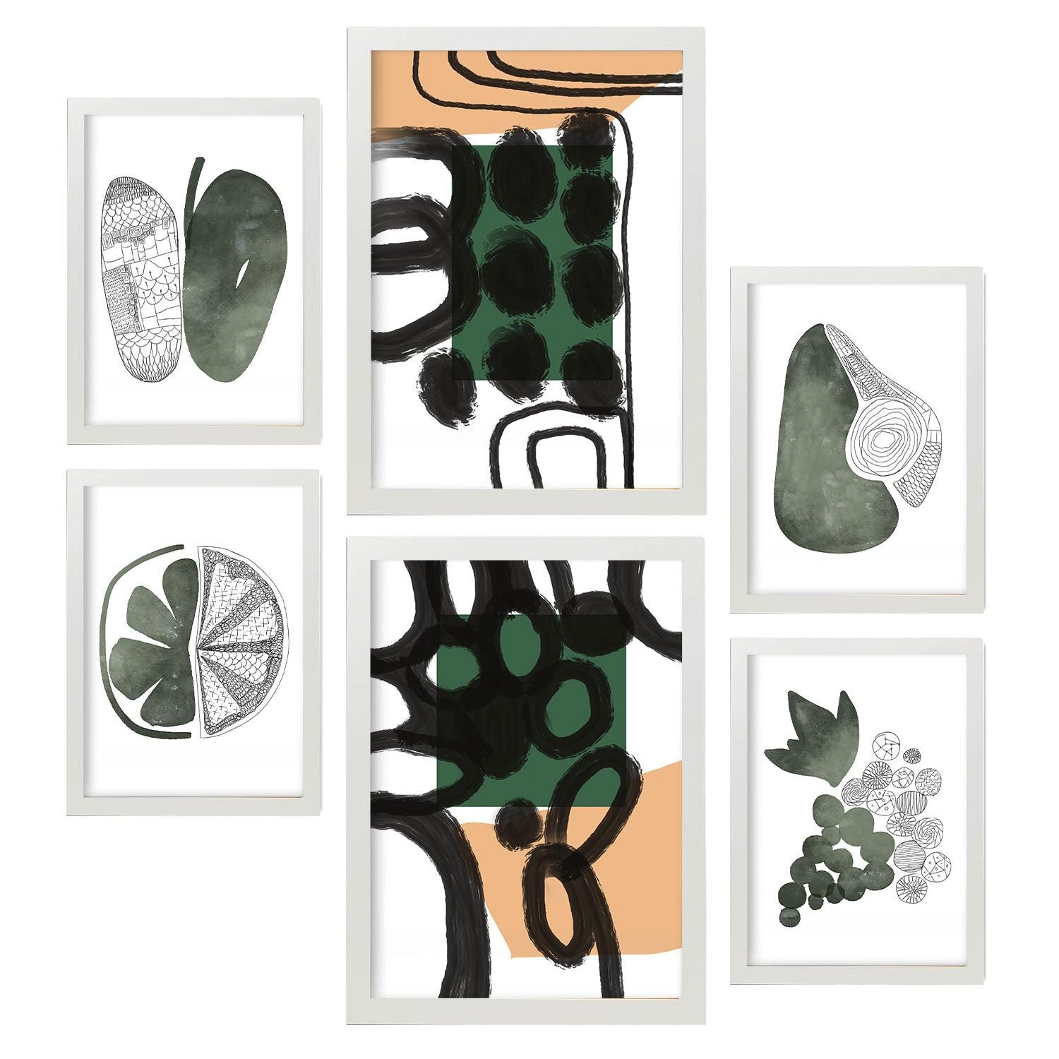 POSTER Set Mit 6 Balmy Greens In Blume Zusammenfassung A3 & A4 Weißer Rahmen - Weiß, Papier (29/3cm) - Nacnic