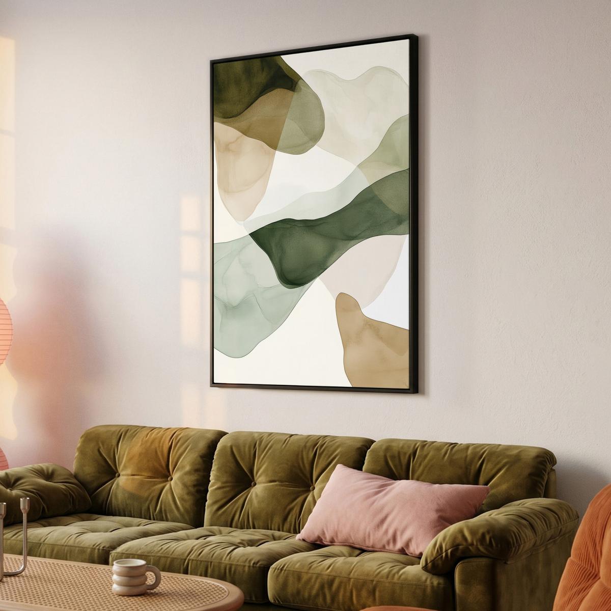 LEINWAND Bilder mit Rahmen - Japandi - Abstrakt - Grün - 90x140 - Salbeigrün, Textil (90/140cm) - MuchoWow