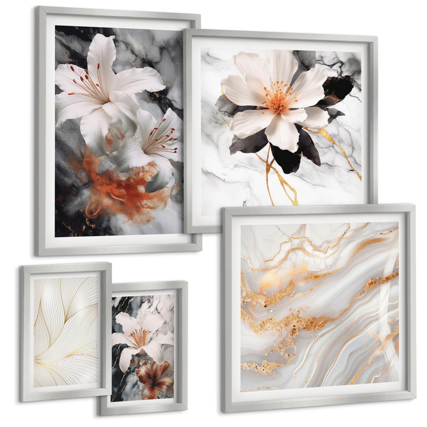 BILDER SET 5er Set - 50x50 cm & 20x30 cm & 40x60 cm Silberner Rahmen - Blumen Marmor weiß schwarz - Silberfarben, Kunststoff (40/60cm) - TULUP