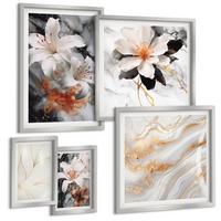 BILDER SET 5er Set - 50x50 cm & 20x30 cm & 40x60 cm Silberner Rahmen - Blumen Marmor weiß schwarz - Silberfarben, Kunststoff (40/60cm) - TULUP