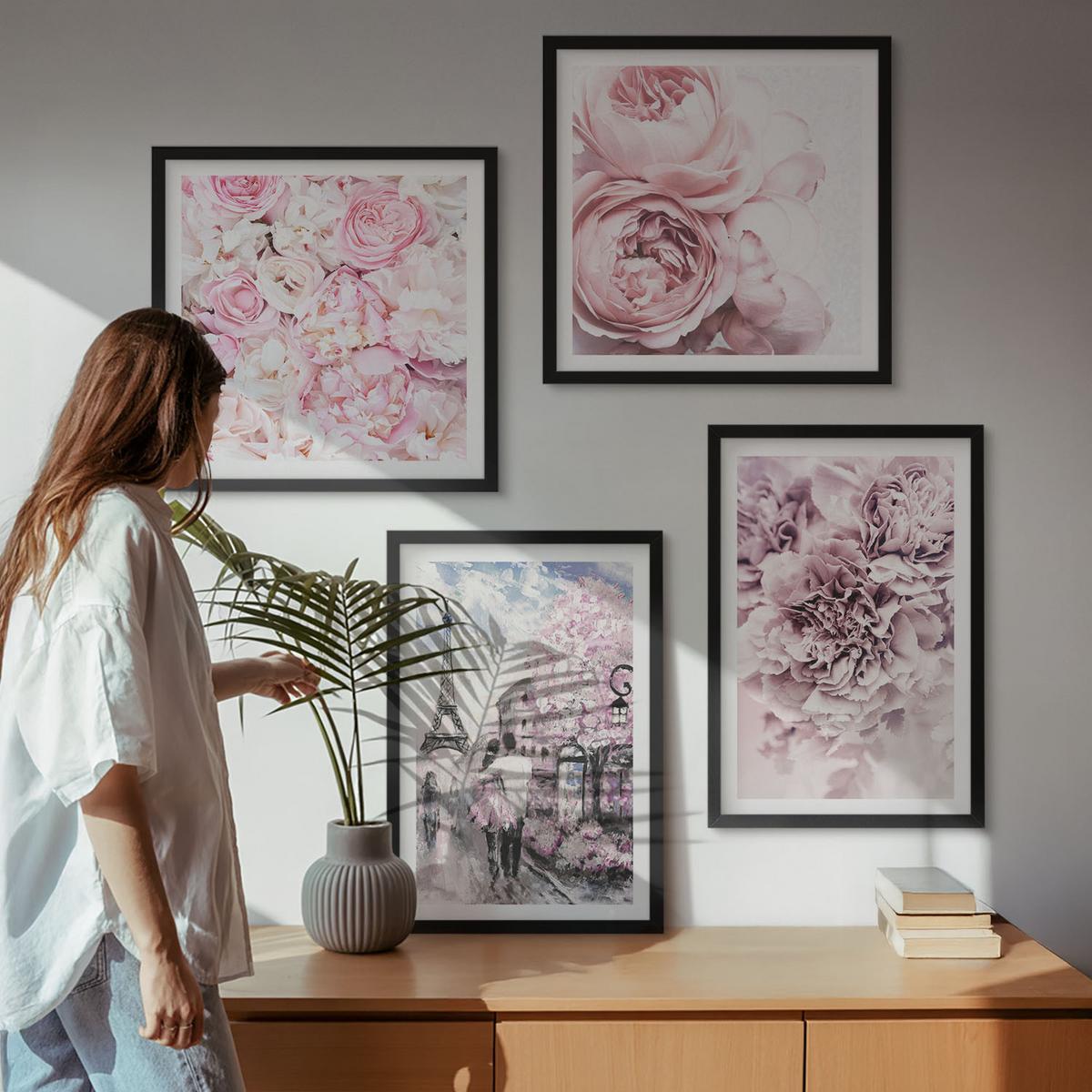 BILDER SET 4er Set - 50x50 cm & 40x60 cm Schwarzer Rahmen - Rosa Blumen, romantische Landschaft - Schwarz, Kunststoff (50/50cm) - TULUP