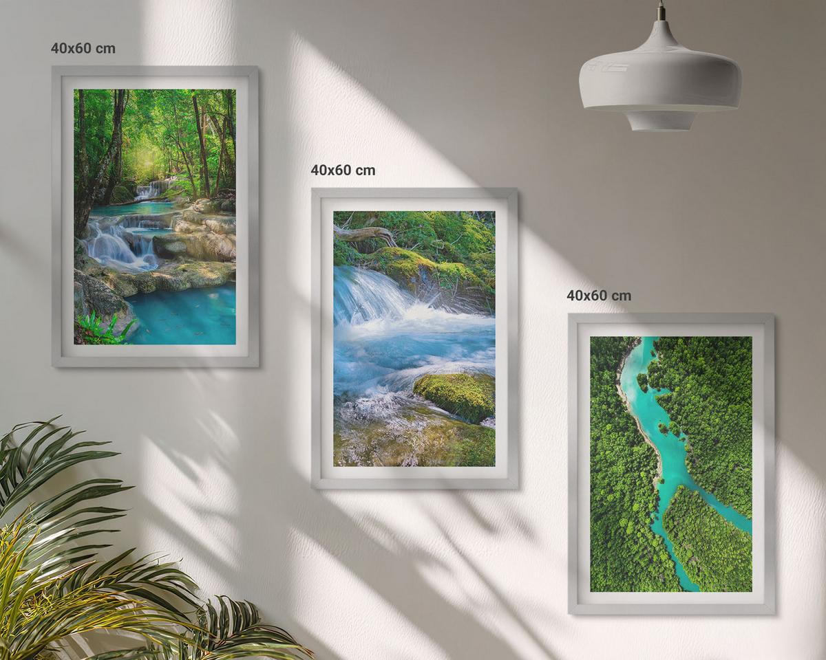 BILDER SET 3er Set - 40x60 cm Silberner Rahmen - Grüne Wälder, kristallklares Wasser - Silberfarben, Kunststoff (40/60cm) - TULUP