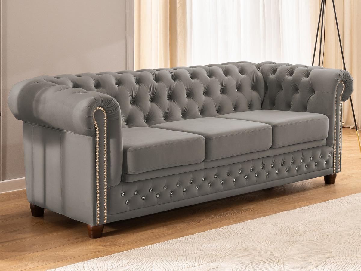 CHESTERFIELD-SOFA 3-Sitzer mit Schlaffunktion Cleo Blink Grau Samt mit Kristallsteppung und braunen Massivholzfüßen - Braun/Grau, Holz/Textil (203/72/86cm) - S-Style