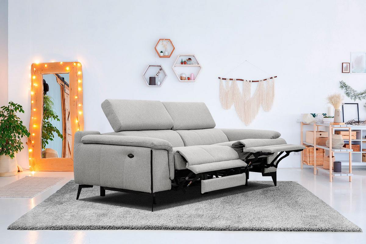 RELAXSOFA MATERA 3-Sitzer mit 2 Relaxfunktionen, hellgrau - Hellgrau/Schwarz, Holzwerkstoff/Textil (212/82/103cm) - Wozimo