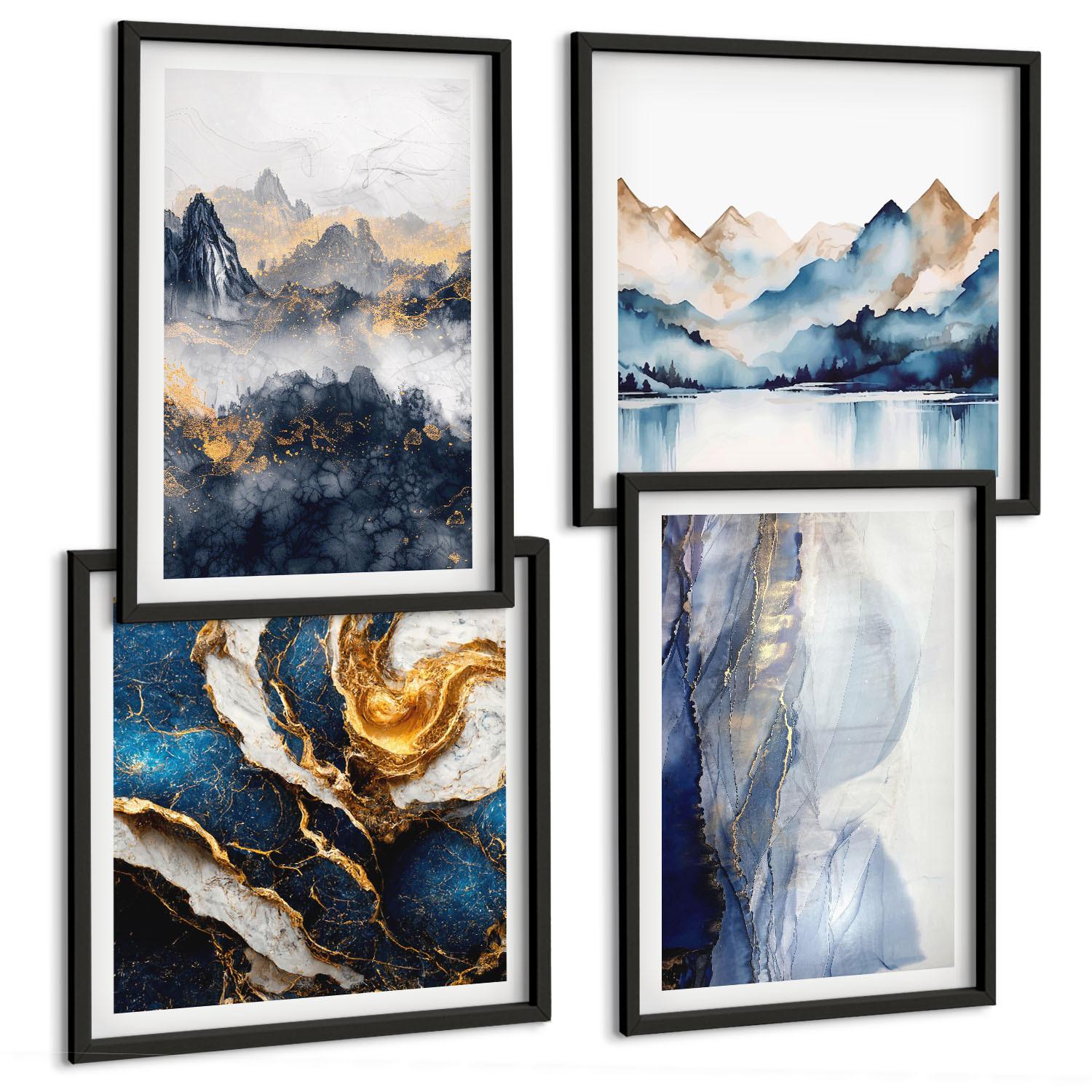 BILDER SET 4er Set - 50x50 cm & 40x60 cm Schwarzer Rahmen - Blaue Berglandschaften - Schwarz, Kunststoff (50/50cm) - TULUP