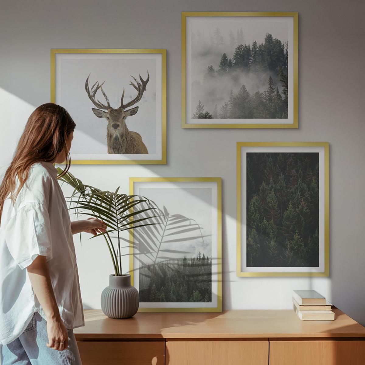 BILDER SET 4er Set - 50x50 cm & 40x60 cm Goldrahmen - Grüne Wälder, neblige Landschaft - Goldfarben, Kunststoff (50/50cm) - TULUP