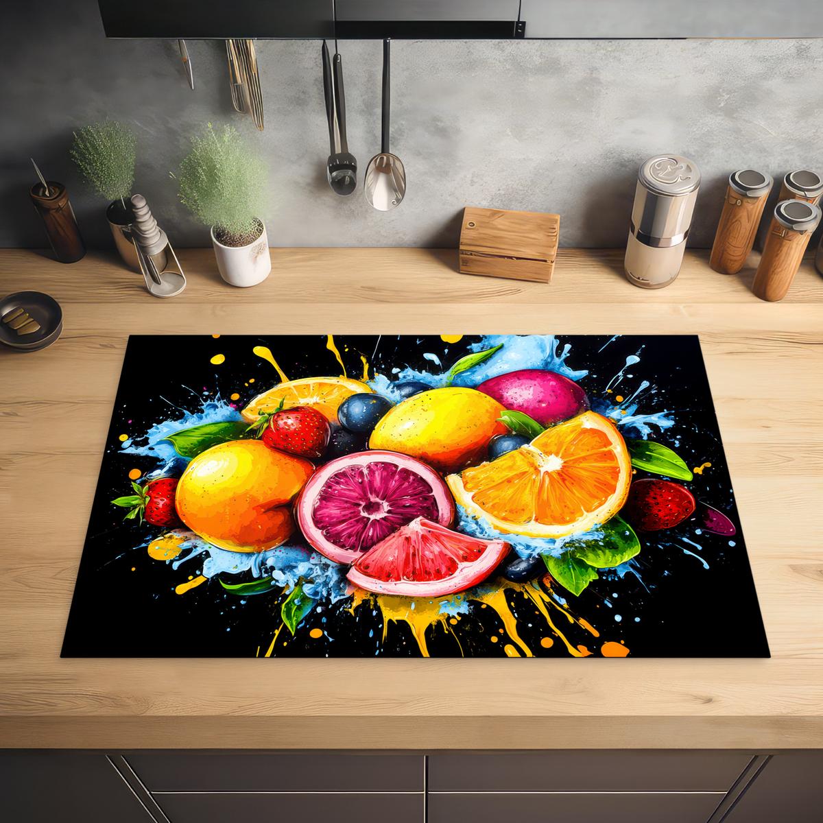 HERDABDECKPLATTE Obst - Graffiti - Bunt - Orange - Erdbeere - Abstrakt Induktionsschutz 81.6x52.7 cm - Orange, Kunststoff (81.6/52.7/0.2cm) - MuchoWow